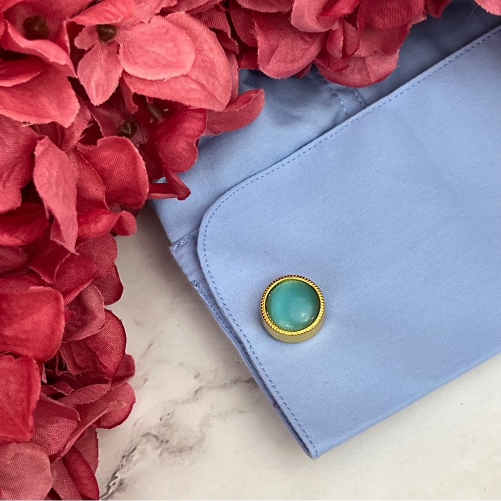 Elegant Round Caribbean Blue Aquamarine Cufflinks - Picture 10 of 16